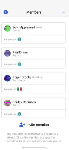 translation tool shows a list of members who are using the app.