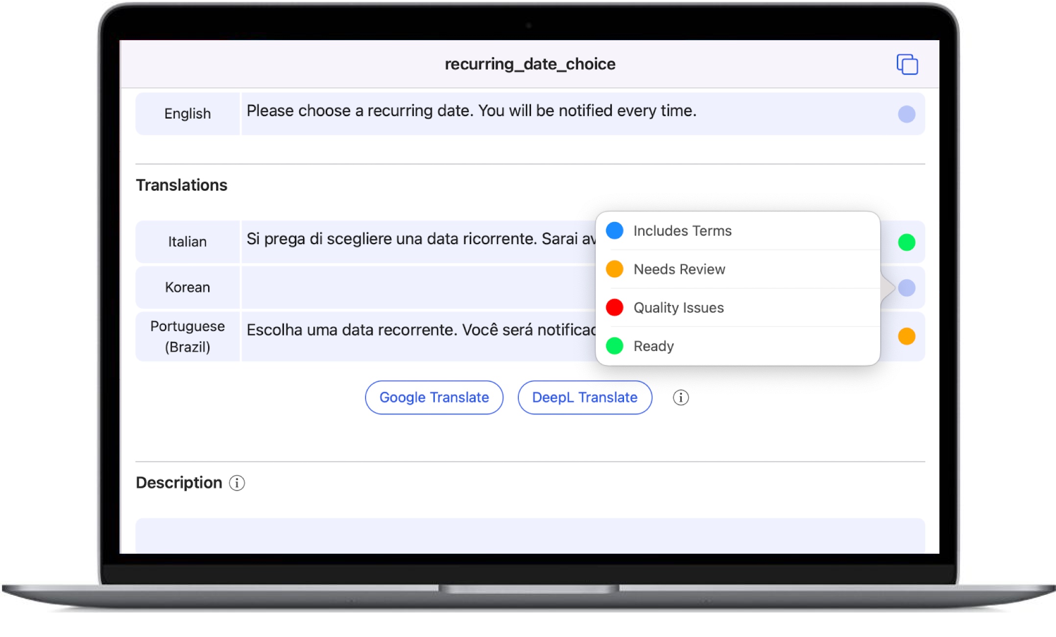 tms shows the ability to assign custom statuses to translations in a native mac app.